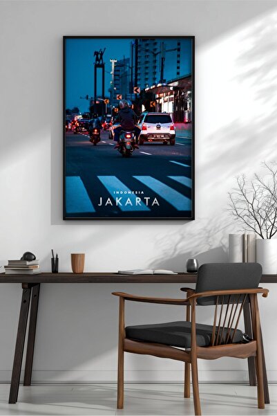 KEYFHOME Poster înrămat în MDF cu stradă nocturnă din Jakarta, decor de peret...
