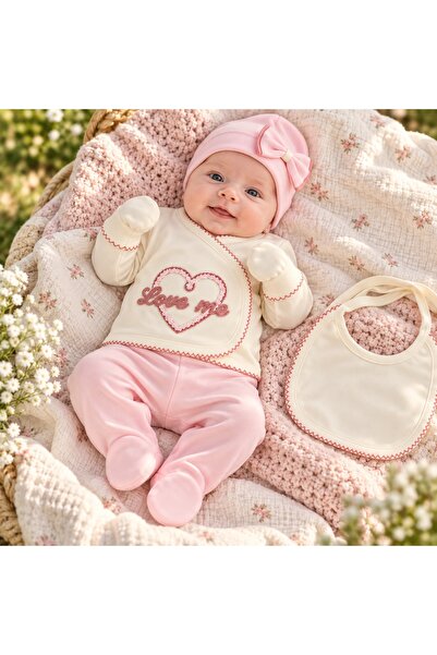 Pure Boutique Set bebe fetita 5 piese bumbac crem si roz, Love Me, pantaloni ...