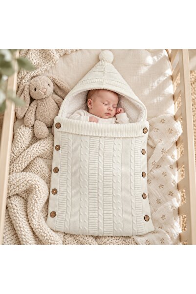 Pure Boutique Sac de dormit bebe tricotat ivory cu gluga, interior pufos si n...