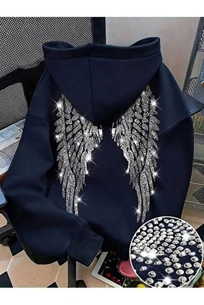 HAI COLLECTİON Kadın Sırtı Melek Kanadı Taş Baskılı Oversize Kapüşonlu Sweats...