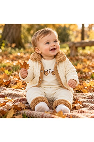 Pure Boutique Set bebe baiat 3 piese bumbac, jacheta crem, bluza cu motocicle...
