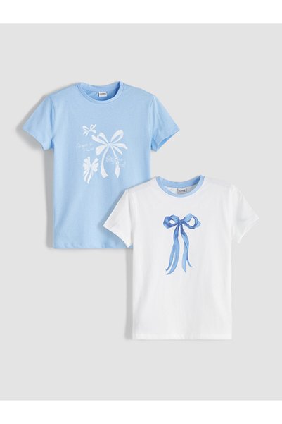 LC Waikiki Nevavm Farkıyla Lcw Kids White Oval Collar Bowknot Printed Girls' ...