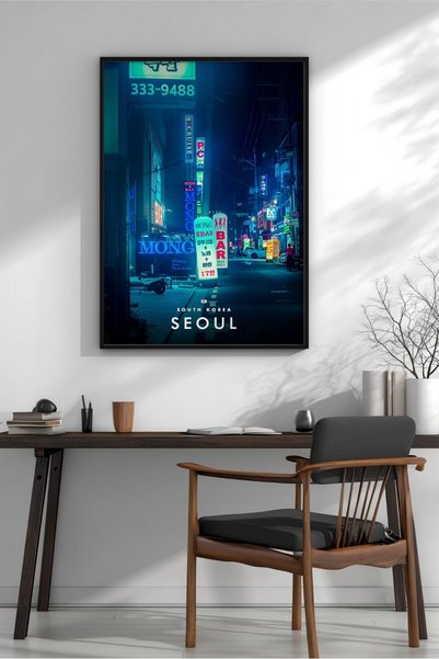 KEYFHOME Neon Lighted Night Street Seoul Πλαισιωμένη αφίσα ζωγραφικής MDF Δώρ...