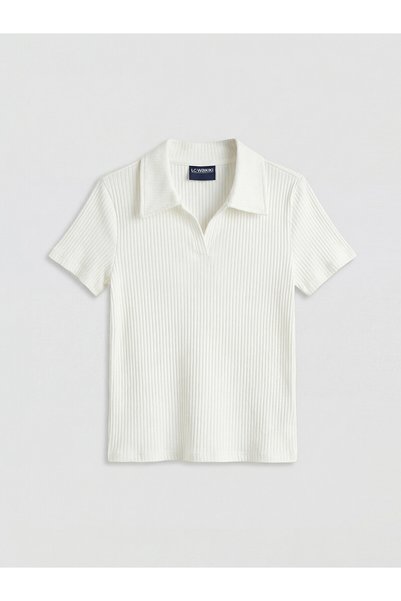 LC Waikiki Lcw Kids White Polo Collar Girls Ribbed T-Shirt with Nevavm Differ...