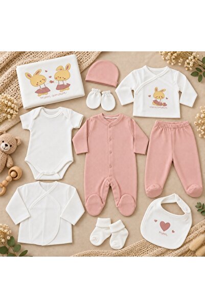 Pure Boutique Set nou nascut 10 piese bumbac roz alb cu iepurasi, salopeta, b...