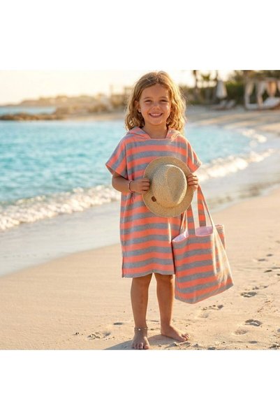 Sand & Sol Kids Ocean Breeze Beach Poncho Grey Orange + Beach Bag