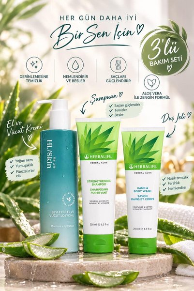 Herbalife 3' lü Bakım Seti Herbal Aloe Güçlendirici Şampuan 250 ml - Herbal A...