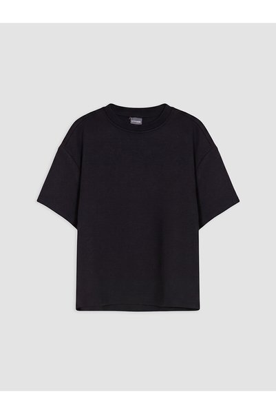 LC Waikiki Nevavm Black Oval Collar Soft Touch T-Shirt for Girls with Difference