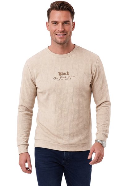 DeepSEA Erkek Slim Fit Jakar Dokulu Bej Sweatshirt – Likralı Yumuşak Dokulu Bisiklet Yaka Nakışlı 2708516