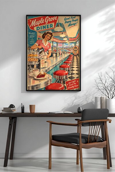 KEYFHOME Retro American Diner Counter cu ramă MDF Tablou Poster Bucătărie Dec...