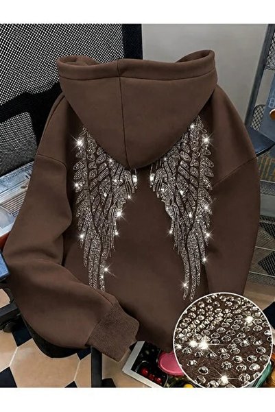 HAI COLLECTİON Women's Angel Wing Stone Printed Oversize Hooded Sweatshirt