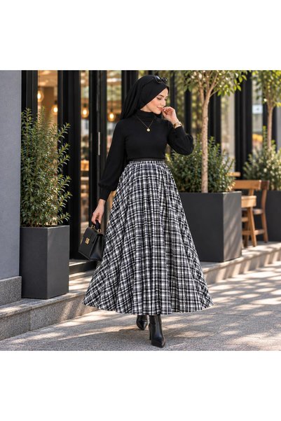 moda crn Beli Lastikli Ekoseli Kadın Tesettür Etek