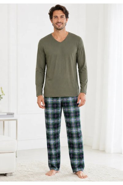 TOSKI Pijama bărbați, Bluză verde oliv cu gât în V și mânecă lungă, Pantalon ...