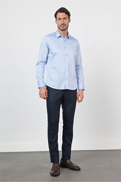 İmza Blue Rigid Collar Long Sleeve Pocketless Satin Slim Fit 100% Cotton Shirt 1004260424