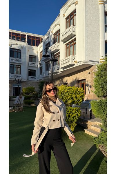 BELİS WEAR Women's Short Cashmere Coat Double-Breasted Buttoned Belt Detailed Crop Cashmere Jacket