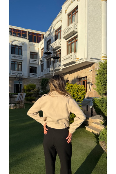 BELİS WEAR Women's Short Cashmere Coat Double-Breasted Buttoned Belt Detailed Crop Cashmere Jacket