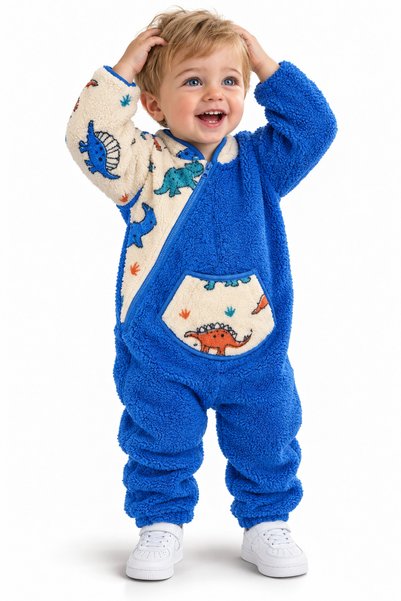 Tuffy Kids Erkek Bebek Dinozor Desenli Peluş Tulum Saks Rengi Fermuarlı Cepli...