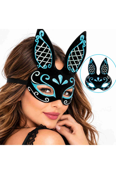 Lovesta Home Suede Covered Embroidered Rabbit Mask – Black Turquoise Silver