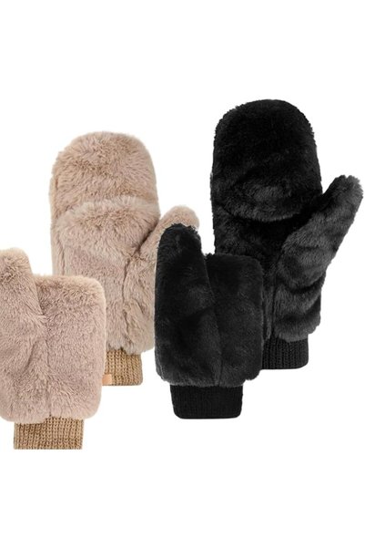KASTWAVE Faux Fur Convertible Fingerless Mittens for Women, 2 Pairs Soft Fluf...