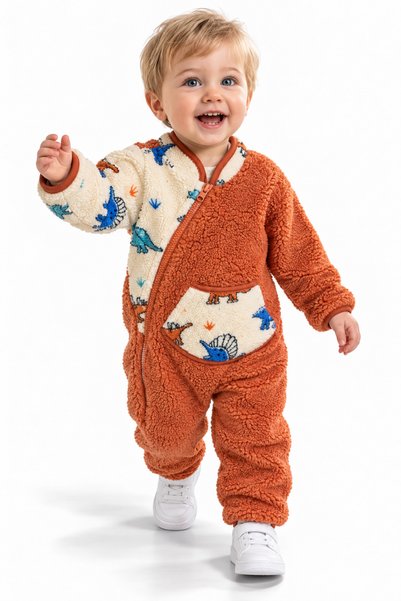 Tuffy Kids Erkek Bebek Dinozor Desenli Peluş Tulum Kiremit Rengi Fermuarlı Ce...