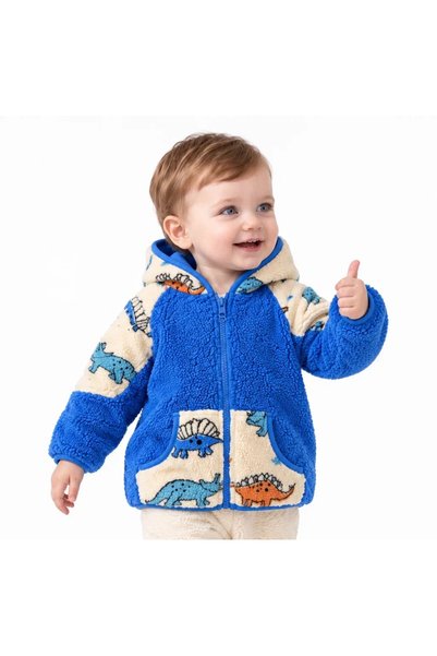 Tuffy Kids Talya Kids Unisex Bebek Mavi Kapüşonlu Dinozor Desenli Yumuşak Pel...