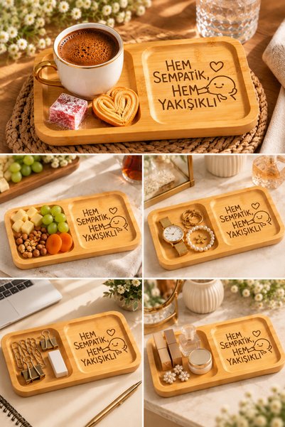 PakerStudio Espri Themed 2-Compartment Laser-Engraved Bamboo Coffee Presentation Tray "Both Sympathetic and Handsome"