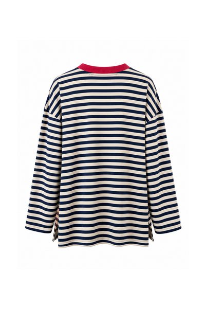 Mogi Butik Women's Combed Cotton Fabric Letter Printed Crew Neck Striped Tunic 3260