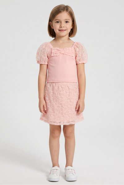 Badgley Mischka Kids Girl 3 Pcs Textured Top and Skirt With Hat, Pink