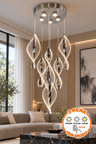 Dekorluna Sezar Krom 6'lı Spiral Kristal Sarkıt Avize 3 Renk Işık Modlu Led A...