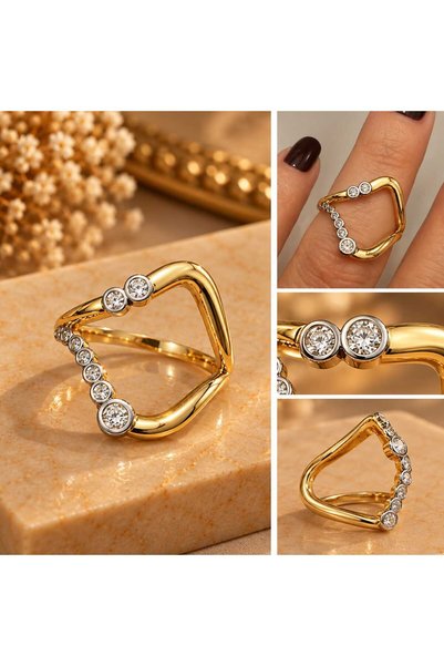 Asimetrik Kesim Zirkon Taşlı Yüzük Paslanmaz Çelik Gold