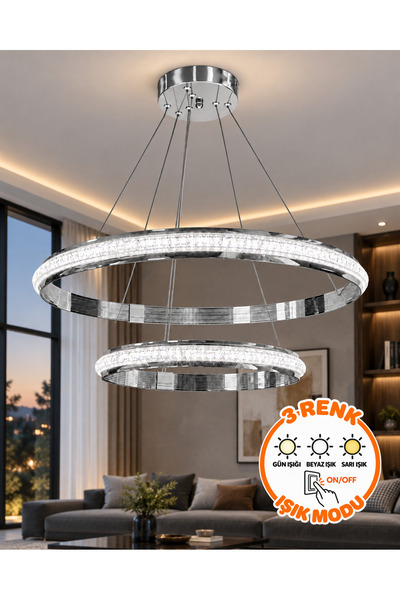 Dekorluna Ring Krom Çift Halka Avize 3 Renk Işık Modlu Led Avize Modern Salon...