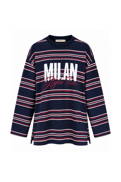 Mogi Butik Women's Combed Cotton Fabric Letter Printed Crew Neck Striped Tuni...