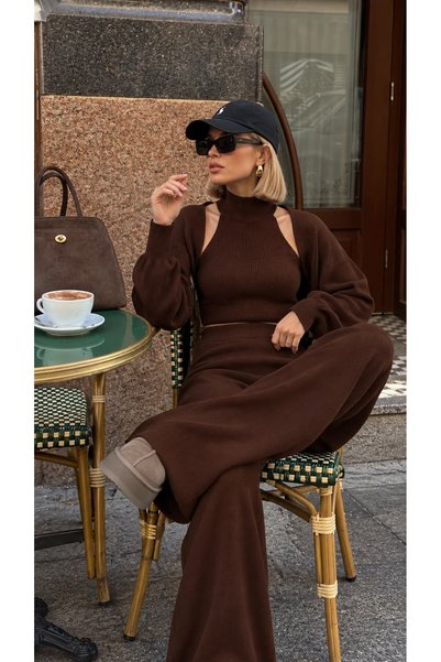 Glysso Velora Women's Brown 3-Piece Bolero High Neck Off Shoulder Blouse Elastic Waist Knitwear Trousers Set