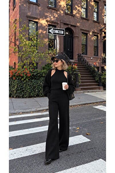 Glysso Velora Women's Black 3-Piece Bolero High Neck Off Shoulder Blouse Elastic Waist Knitwear Trousers Set