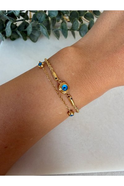 nesdesignn Steel Double Chain Evil Eye Bead Bracelet