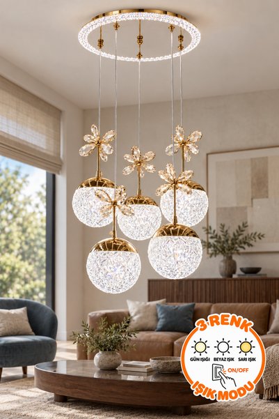 Dekorluna Cold Gold 5'li Kristal Küre Sarkıt Avize 3 Renk Işık Modlu Led Aviz...