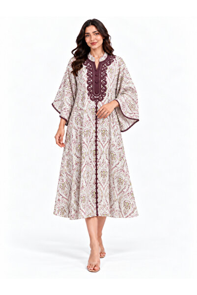 White colour Women's Middle Eastern Embroidered Front Button Midi Robe
