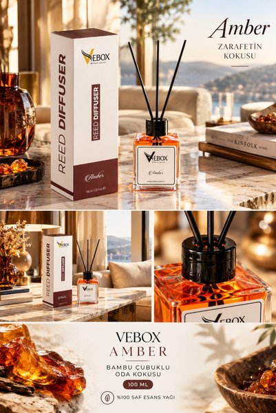 VEBOX Amber Bambu Çubuklu Oda Kokusu %100 Saf Esans Yağı Katkılı 100 ml