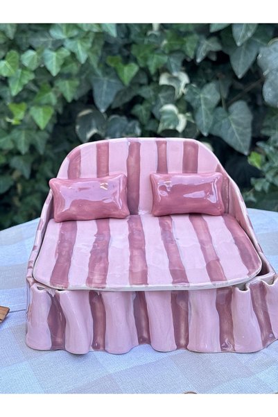 Leonart Atölye El Yapımı Koltuk Tasarımlı Seramik Takı Kutusu - Pembe Çizgili...