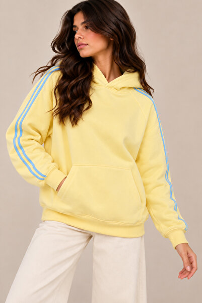 TOP CLOTHE Women's Yellow Cotton-Blend Knit Hoodie, Long Sleeves, Blue Stripe...