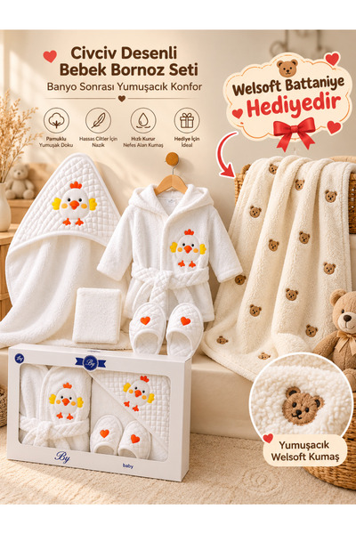 Lilliy %100 Organik Pamuk Civciv Desenli Bebek Bornoz Seti ve Ayıcık Desenli ...