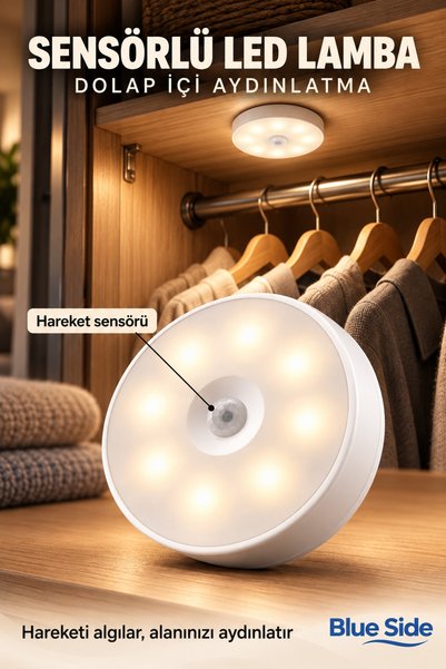 BLUE SİDE 1 ADET Hareket Sensörlü LED Gece Lambası – Dolap İçi, Koridor ve Me...