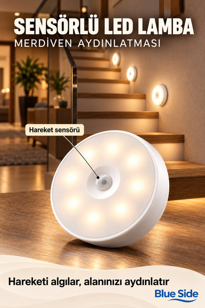 BLUE SİDE 1 ADET Hareket Sensörlü LED Gece Lambası – Dolap İçi, Koridor ve Merdiven Aydınlatma
