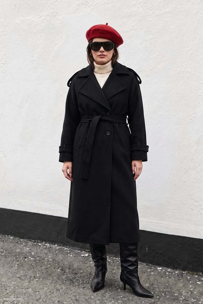 Sateen Uzun Kaban - Siyah
