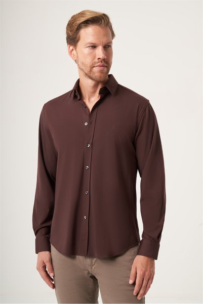 İmza Brown Soft Collar Knitted Slim Fit Stretchy Shirt 1004265170