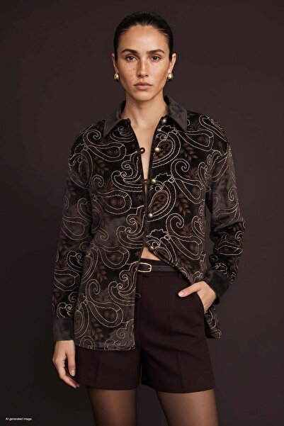 Sateen Embroidered Suede Shirt - Dark Brown
