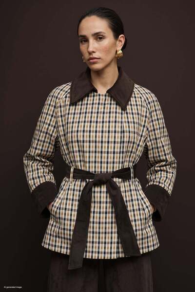 Sateen Velvet Detailed Plaid Jacket - Beige
