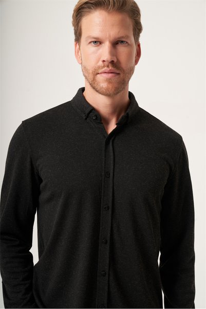 İmza Black Buttoned Collar Textured Knitted Slim Fit Stretchy Shirt 1004265173