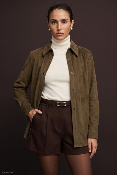 Sateen Suede Shirt with Snap Detail - Camel