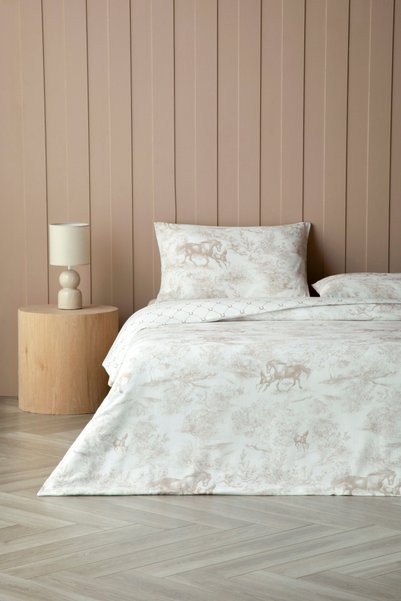 English Home Equestrian Toile Krep King Size Çarşaflı Nevresim Takımı 240x220 cm Kahverengi